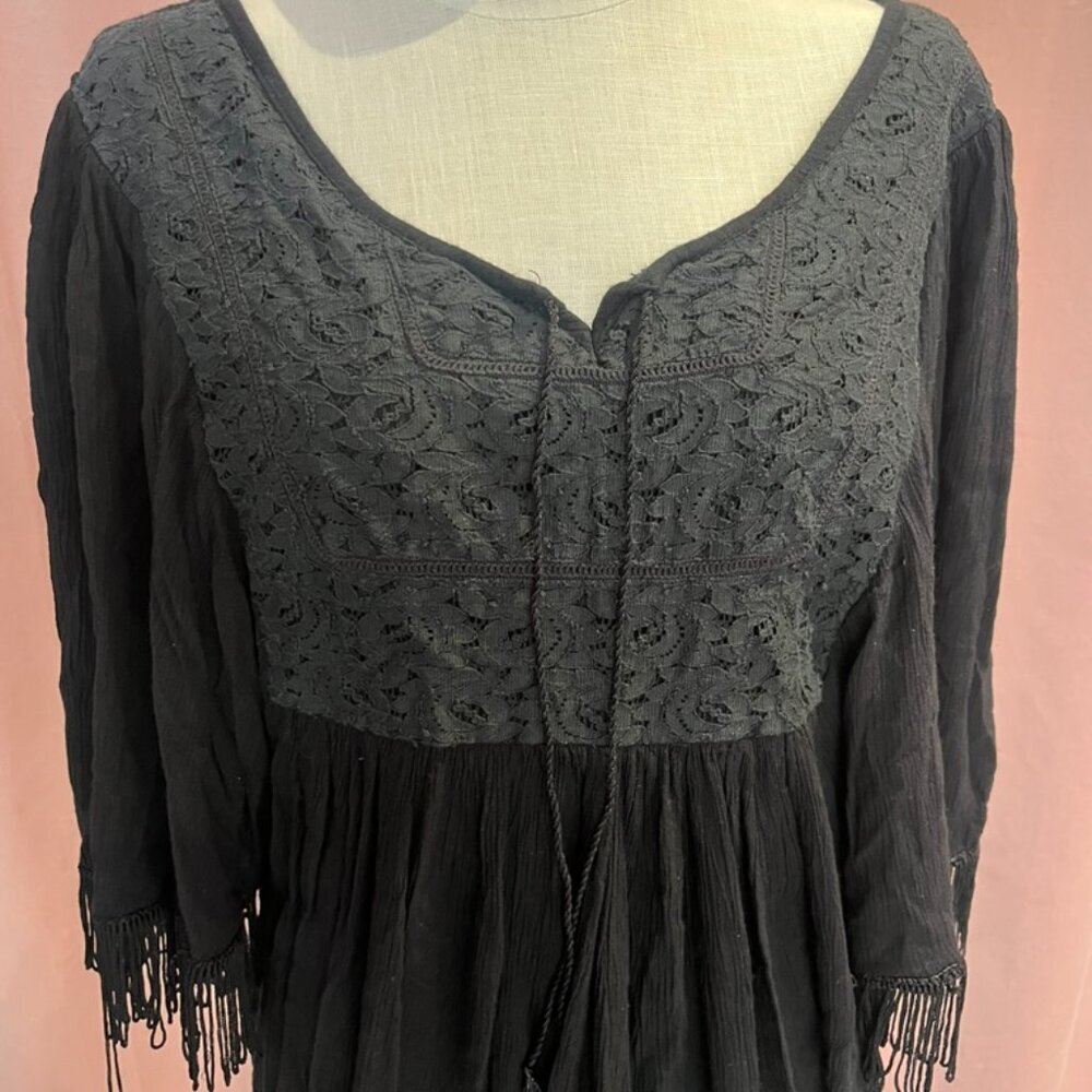Maison Coup Black Boho Dress XL Fits L Festival Fringe Sleeve Rayon Tunic - Picture 2 of 9